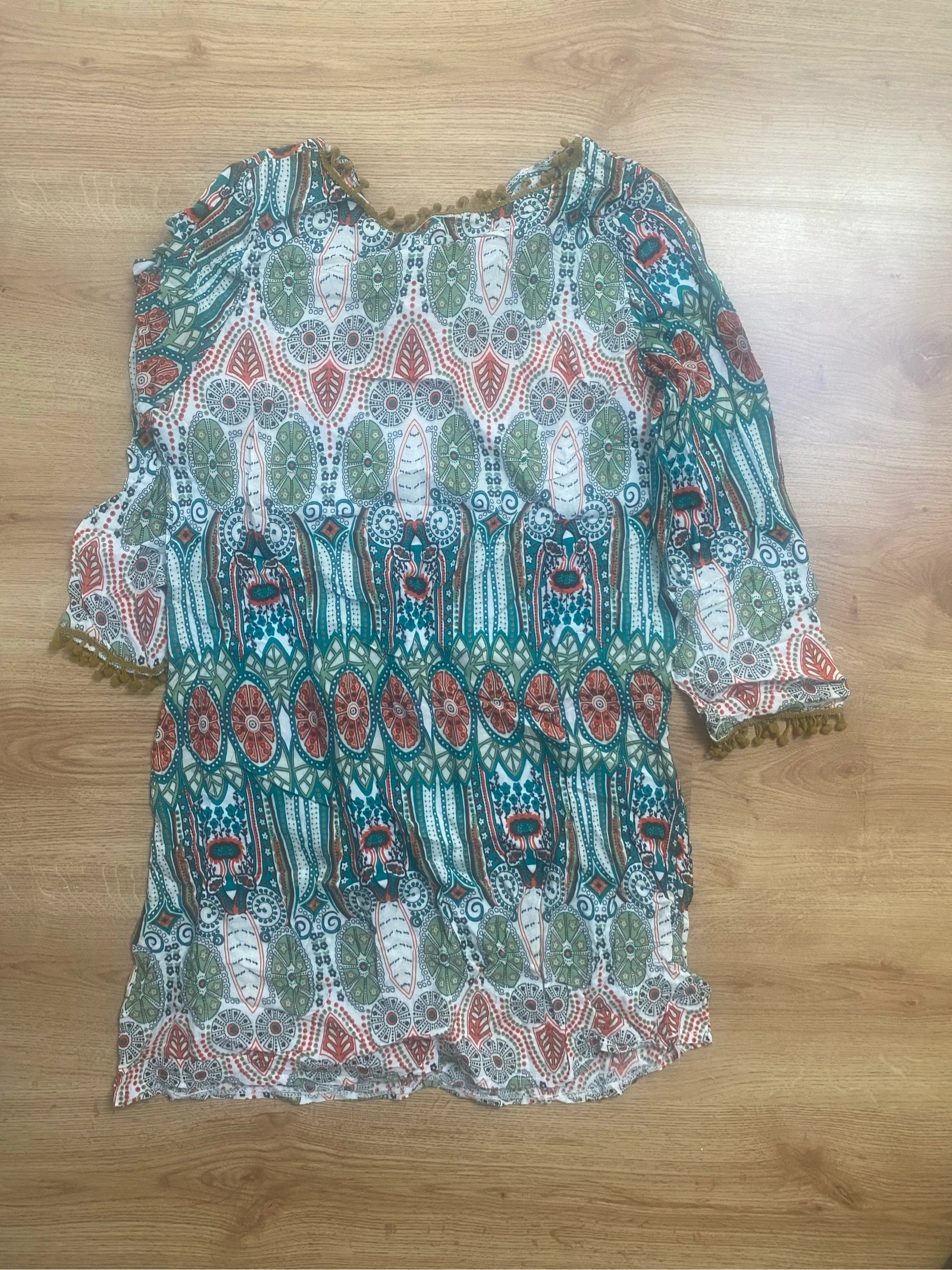 Bohème vrouwelijke tuniek XL met meerkleurig mandala etnisch print - 3/4 mouwen met pompons – photo 3